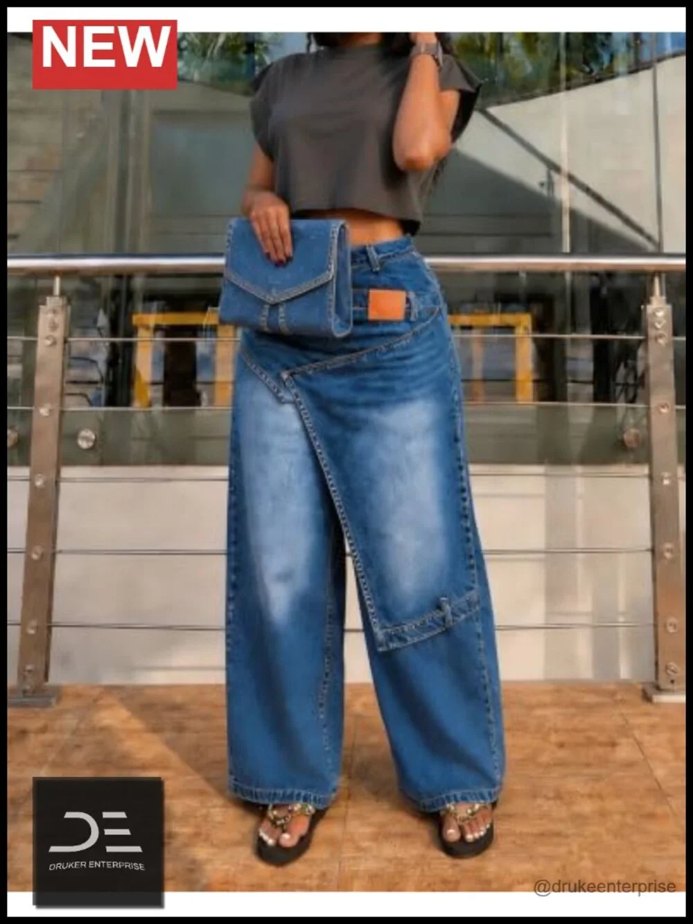 Wide Leg Patchwork Denim Jeans High Waist Baggy Pants Women